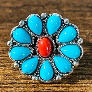 Boho Flower Turquoise & Stainless Steel Women’s Ring Size 6